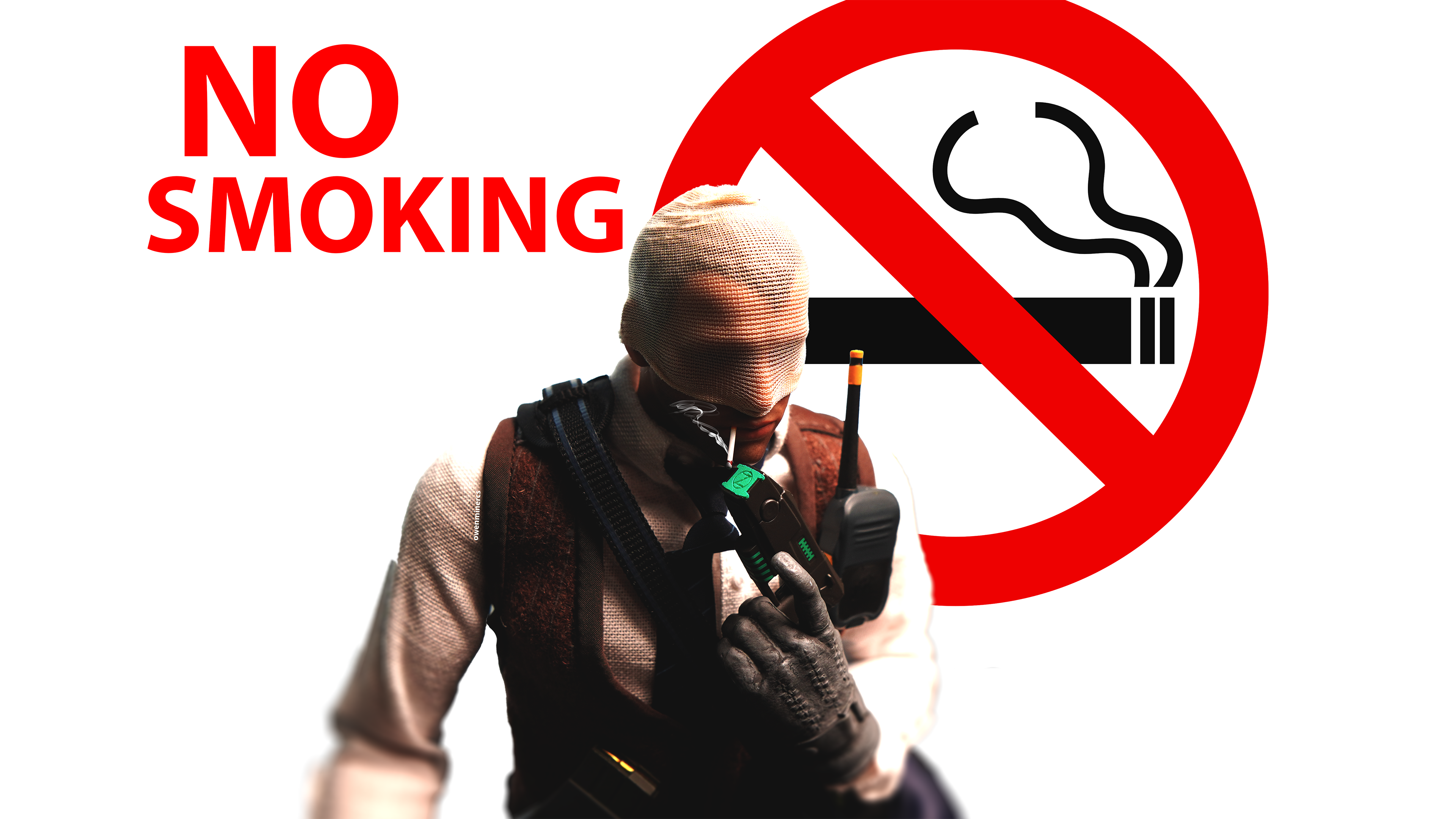 Agent number K figurine with text no smoking and No smoking logo behind his face while smoking a cigarette. White background